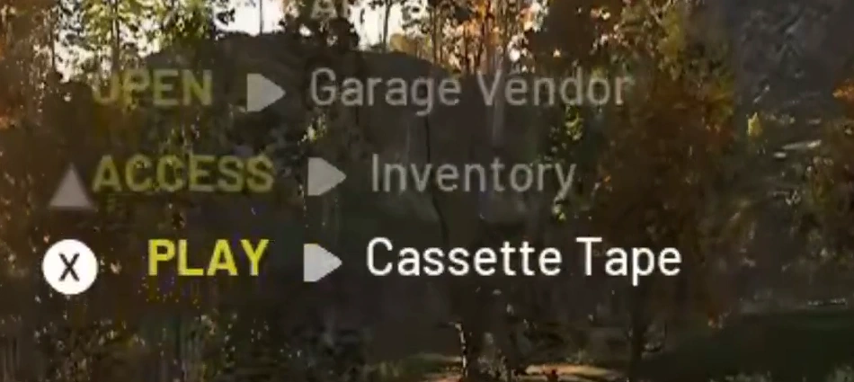 WARDOGS vehicle interaction menu with PLAY Cassette Tape selected