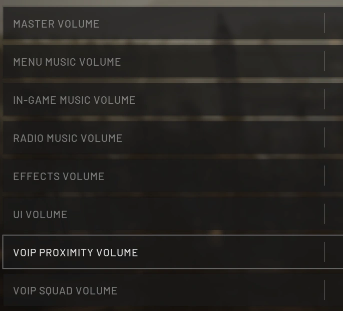 Audio menu rows for Radio Music Volume and VOIP proximity and squad volume
