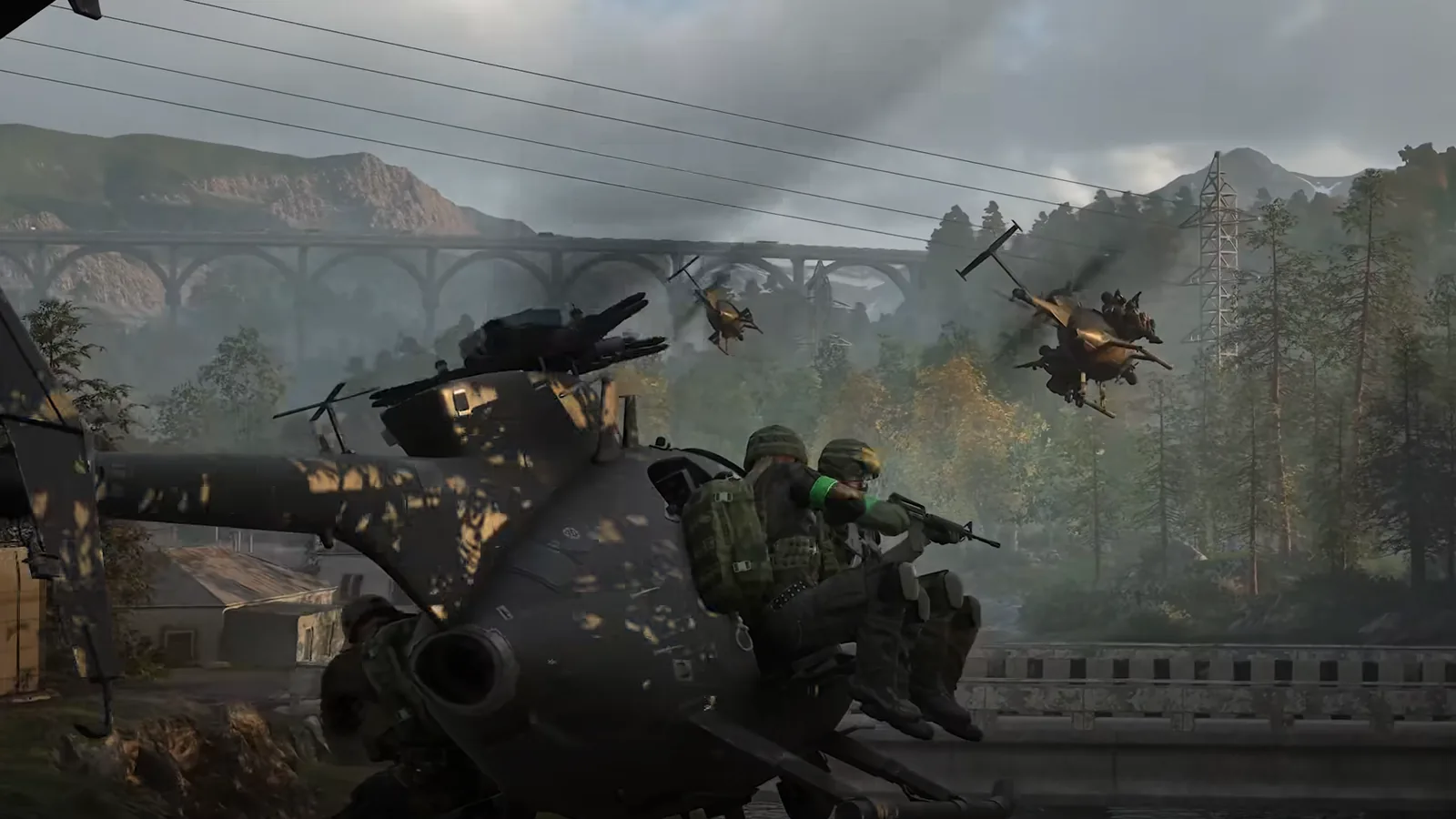 WARDOGS helicopters flying above infantry and terrain