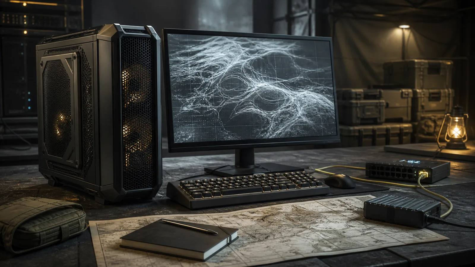 A rugged gaming computer beside a tactical planning map