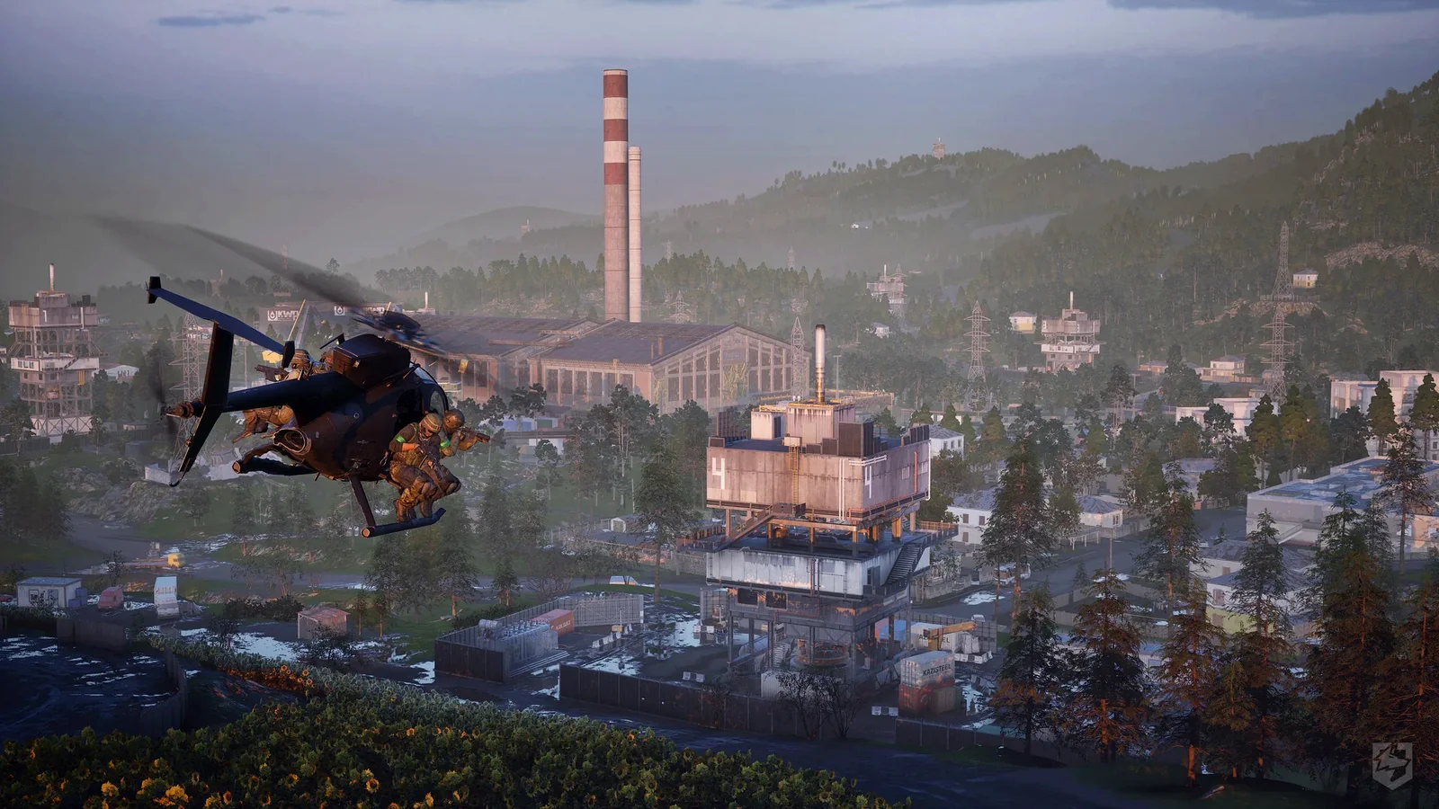 WARDOGS helicopter flying over an industrial coastal battlefield